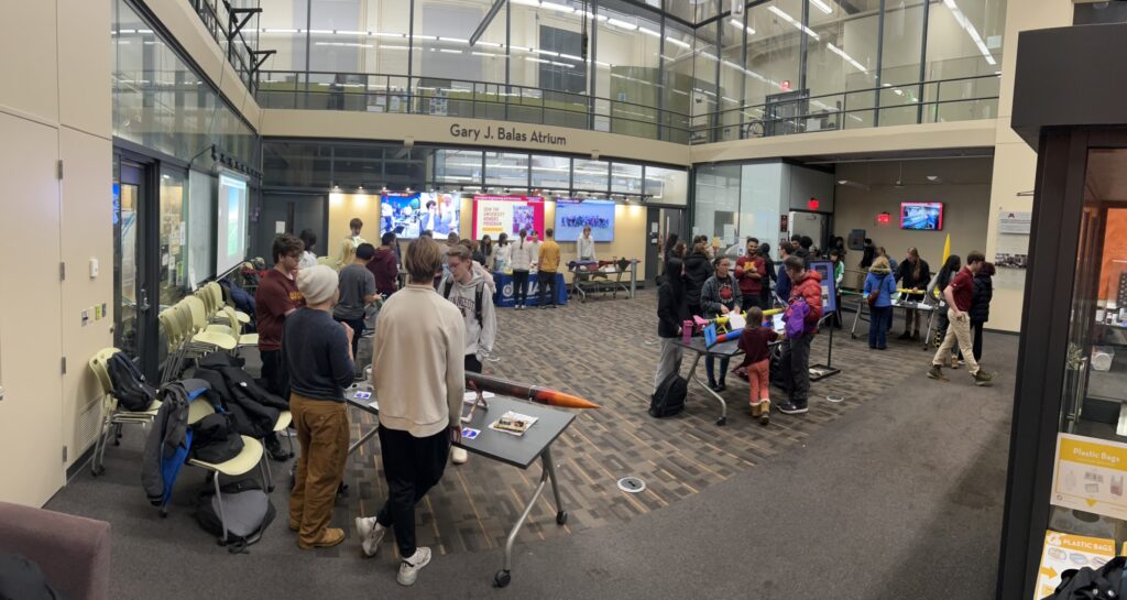 AEM 1305 high-power rocketry exhibit in the Balas Atrium