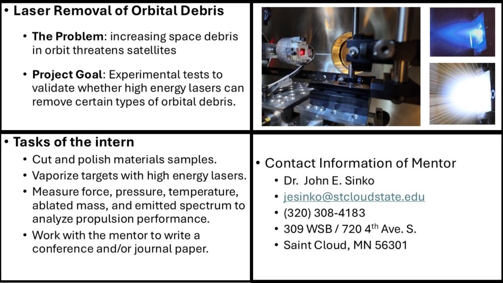 Poster about Summer Internship 2026 - St Cloud State University - Laser Removal of Orbital Debris